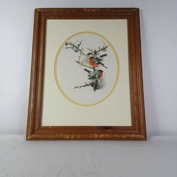 Vintage 80s Framed Danish Watercolor Bird Series Artist Mads Stage Spring Robins - Picture 3 of 8